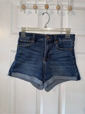 High-Rise Dark Blue Rolled-Hem Denim Shorts for Women